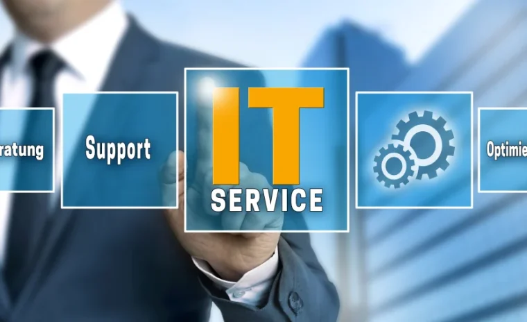 A person in a business suit touches a transparent digital screen, selecting the central button labeled "IT SERVICE". The menu also includes buttons for "Support", "Beratung" (German for consulting), "Optimierung" (German for optimization), and an icon of interlocking gears, all set against a blurry background of modern buildings.