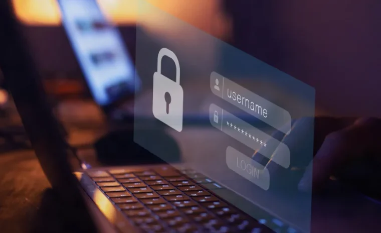 It features a close-up of a laptop with a transparent digital login interface layered on top. This interface prominently displays a padlock icon, symbolizing security, alongside fields for a username and a password (hidden by asterisks).
