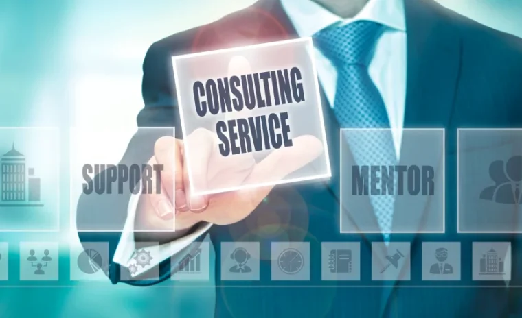 A person in a business suit touches a transparent digital interface, selecting a button labeled "CONSULTING SERVICE". Flanking this button are options for "SUPPORT" and "MENTOR", with a row of smaller business-related icons along the bottom.