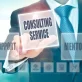 A person in a business suit touches a transparent digital interface, selecting a button labeled "CONSULTING SERVICE". Flanking this button are options for "SUPPORT" and "MENTOR", with a row of smaller business-related icons along the bottom.
