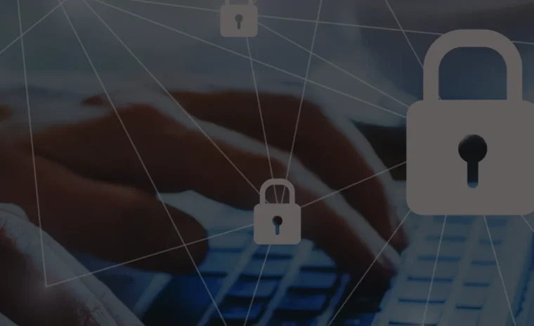 Representation of encrypted information in a security system, there's hands in the background typing